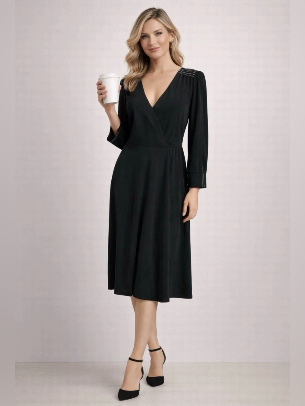 Gibson & Latimer Dress M Medium 6 8 10 3/4 Long Sleeve Midi Stretch Faux Silk